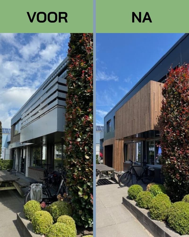 Een duidelijke voor-en-na vergelijking van een geveltransformatie waarbij gedateerde beplating is vervangen door stijlvolle verticale houten lamellen en donkere gevelpanelen. Dit toont de impact van h