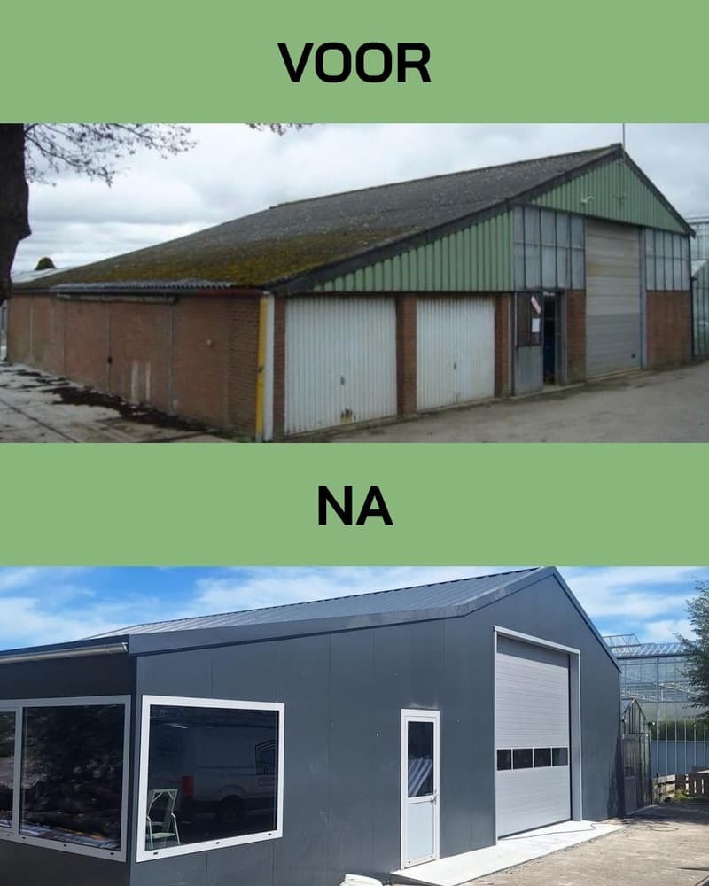Een indrukwekkende voor-en-na-vergelijking van een complete gevelrenovatie van een verouderde loods naar een strakke, moderne bedrijfshal. Het vernieuwde pand is voorzien van eigentijdse antracietkleu