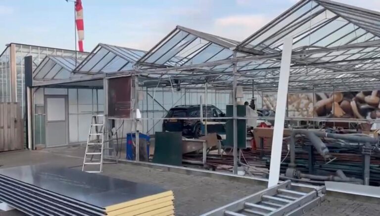 Oude glazen kas in Maasdijk vóór de gevelrenovatie, met sandwichpanelen op de voorgrond klaar voor de verduurzaming van het bedrijfspand.